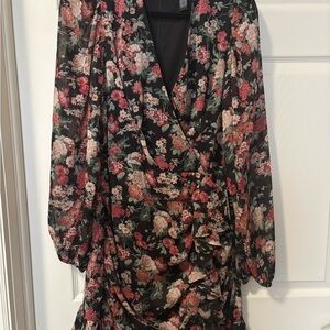 Express Black and Pink Floral Long Sleeve Dress